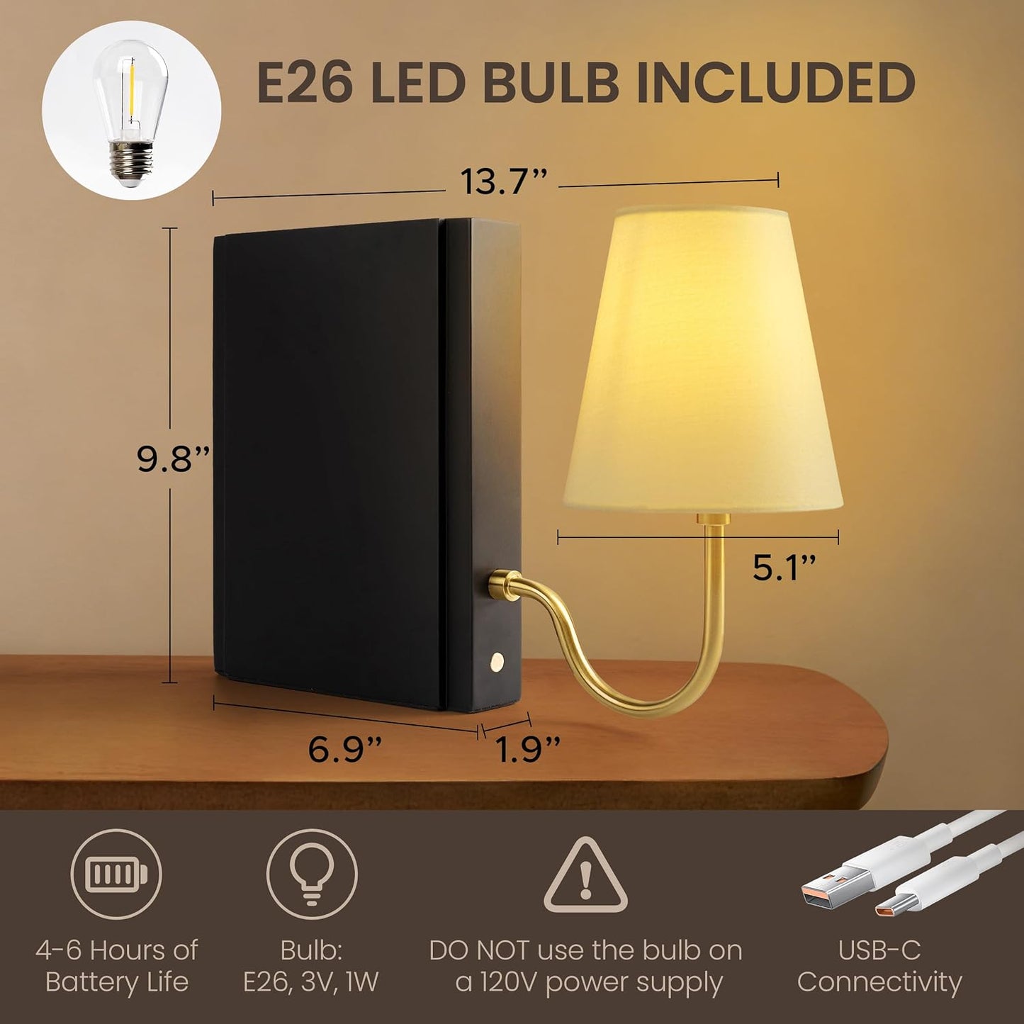 AELS Solid Wood Bookshelf Lamp with Bulb, Cordless Rechargeable Touch Dimmable Table Lamp with Linen Fabric Shade, Modern Decorative Bookend Lamp for Bedroom, Office & Bookshelf Decor, Dark Brown