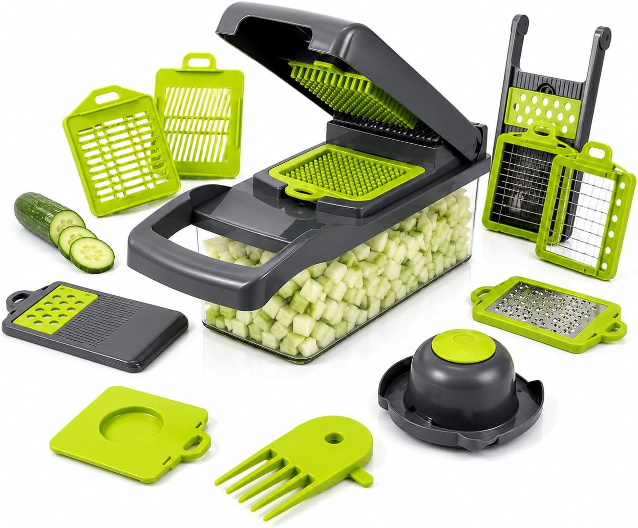 15-in-1 Vegetable Chopper and Mandoline Slicer, Onion Dicer with 8 Interchangeable Stainless Steel Blades, Food Container, Drain Basket, Safety Holder and Cleaning Tool for Fruits and Vegetables