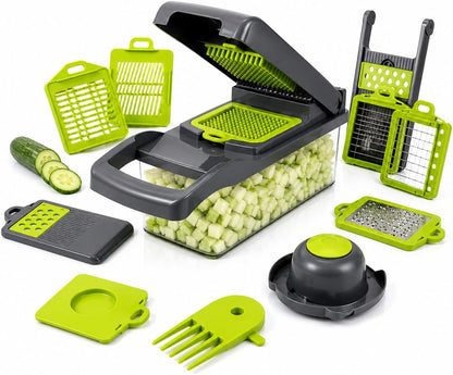 15-in-1 Vegetable Chopper and Mandoline Slicer, Onion Dicer with 8 Interchangeable Stainless Steel Blades, Food Container, Drain Basket, Safety Holder and Cleaning Tool for Fruits and Vegetables