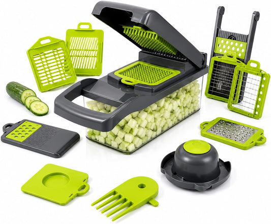 15-in-1 Vegetable Chopper and Mandoline Slicer, Onion Dicer with 8 Interchangeable Stainless Steel Blades, Food Container, Drain Basket, Safety Holder and Cleaning Tool for Fruits and Vegetables