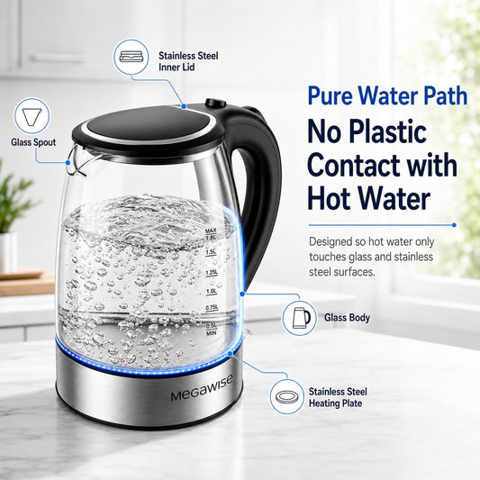 Megawise Electric Glass Kettle with Auto Shut-Off (1.8L)