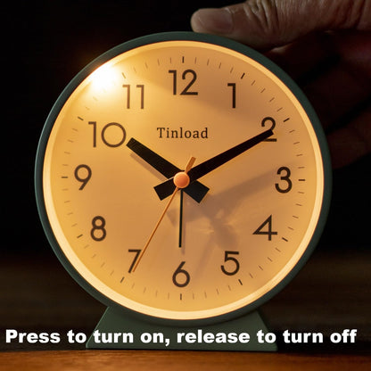 Tinload 4.5" Battery Operated Analog Alarm Clock, Small Silent Bedside Desk Clock with Night Light, Blue
