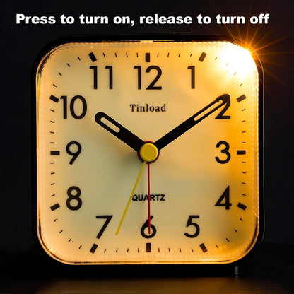 Tinload Small Battery Operated Analog Travel Alarm Clock Silent Non Ticking, Gentle Wake, Ascending Beep Sounds, Snooze,Lighted on Demand, Easy Set(Black)