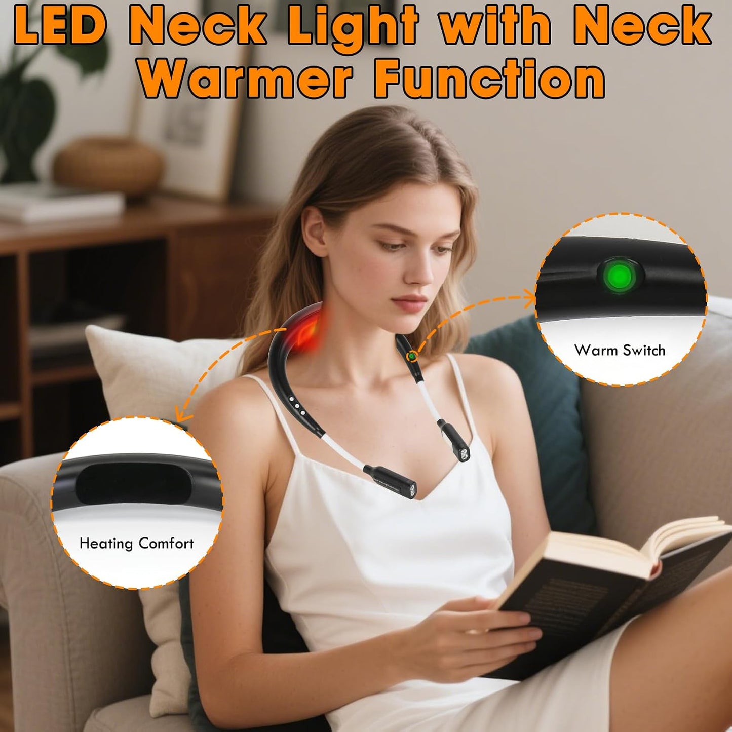 Rechargeable Heated Neck Reading Light with 4 Adjustable Light Modes, Hands Free LED Booklight Lamp for Books in Bed, Night Reading, Comfortable Book Lights for Readers & Crafters (Black)