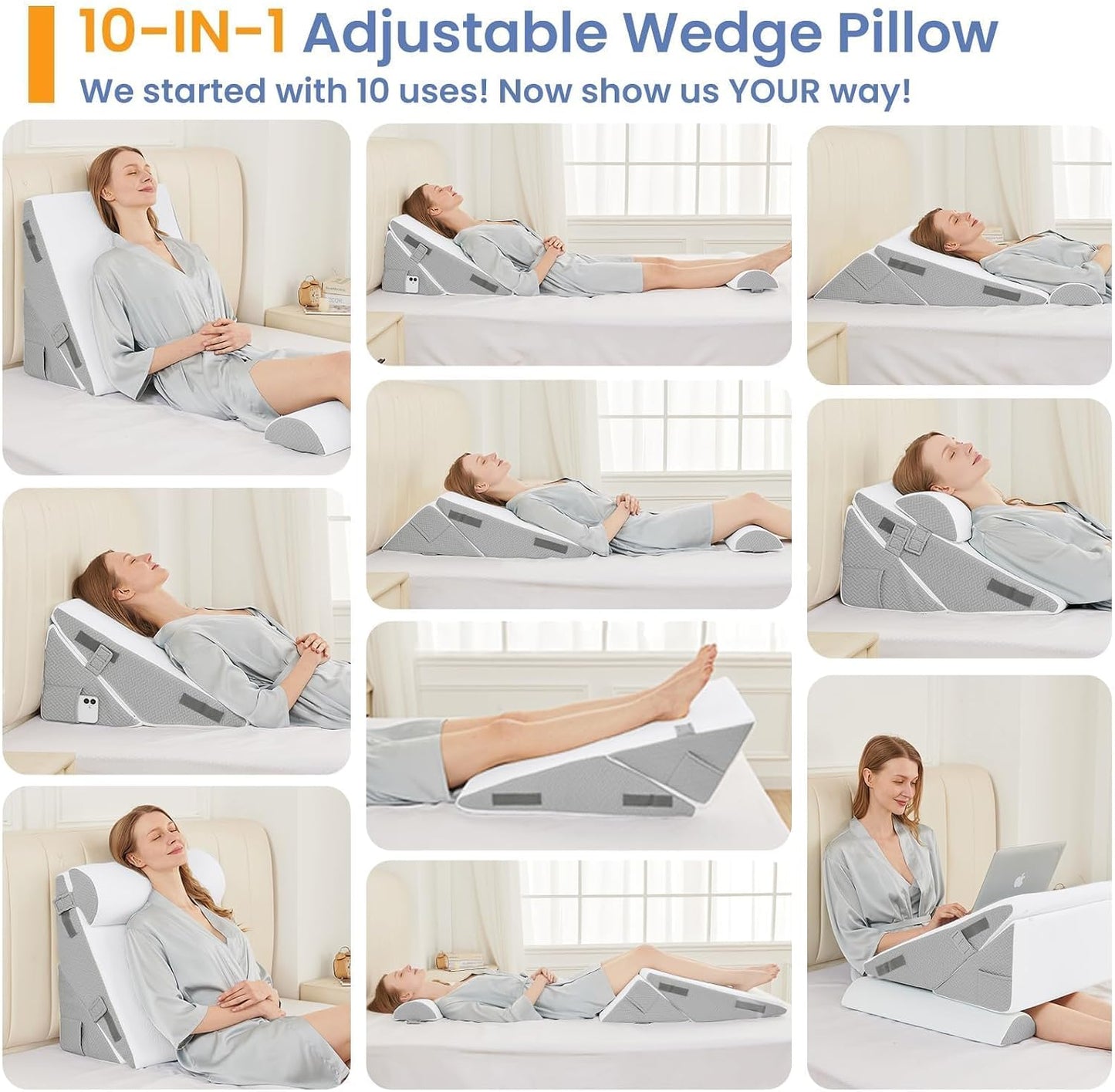 Sasttie Adjustable Wedge Pillow Set for After Surgery, Dark Grey & White | Bed Wedge Pillow Headboard with Memory Foam Neck Cushion, for Acid Reflux, Sleeping, Neck & Back Support