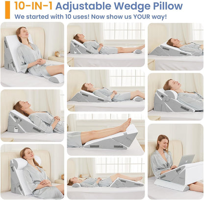 Sasttie Adjustable Wedge Pillow Set for After Surgery, Dark Grey & White | Bed Wedge Pillow Headboard with Memory Foam Neck Cushion, for Acid Reflux, Sleeping, Neck & Back Support