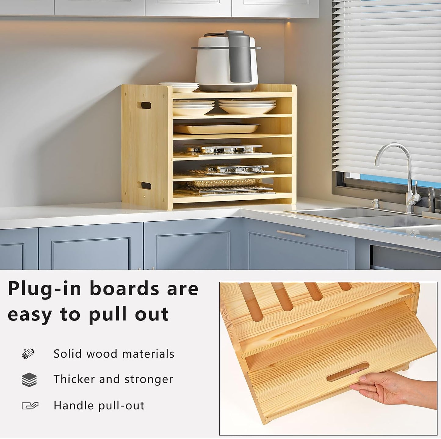 6 Tier Wooden Tray Dividers for Cabinets | Baking Cookie Sheet Organizer, Vertical/Horizontal Cabinet Dividers for Pots, Cutting Board, Kitchen Organizers and Storage