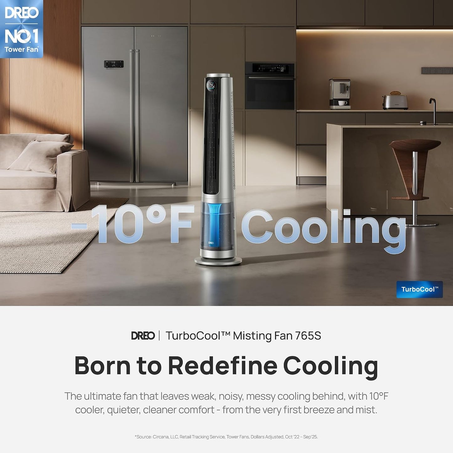 DREO TurboCool Misting Fan 765S, Fans that Blow Cold Air, 10°F Cooling Fan | 34ft/s Fast Evaporative Air Cooler, 6L Tank, 20 dB Quiet DC Motor, 90° Tower Fan with 12 Speeds, 4 Modes for Home, Grey