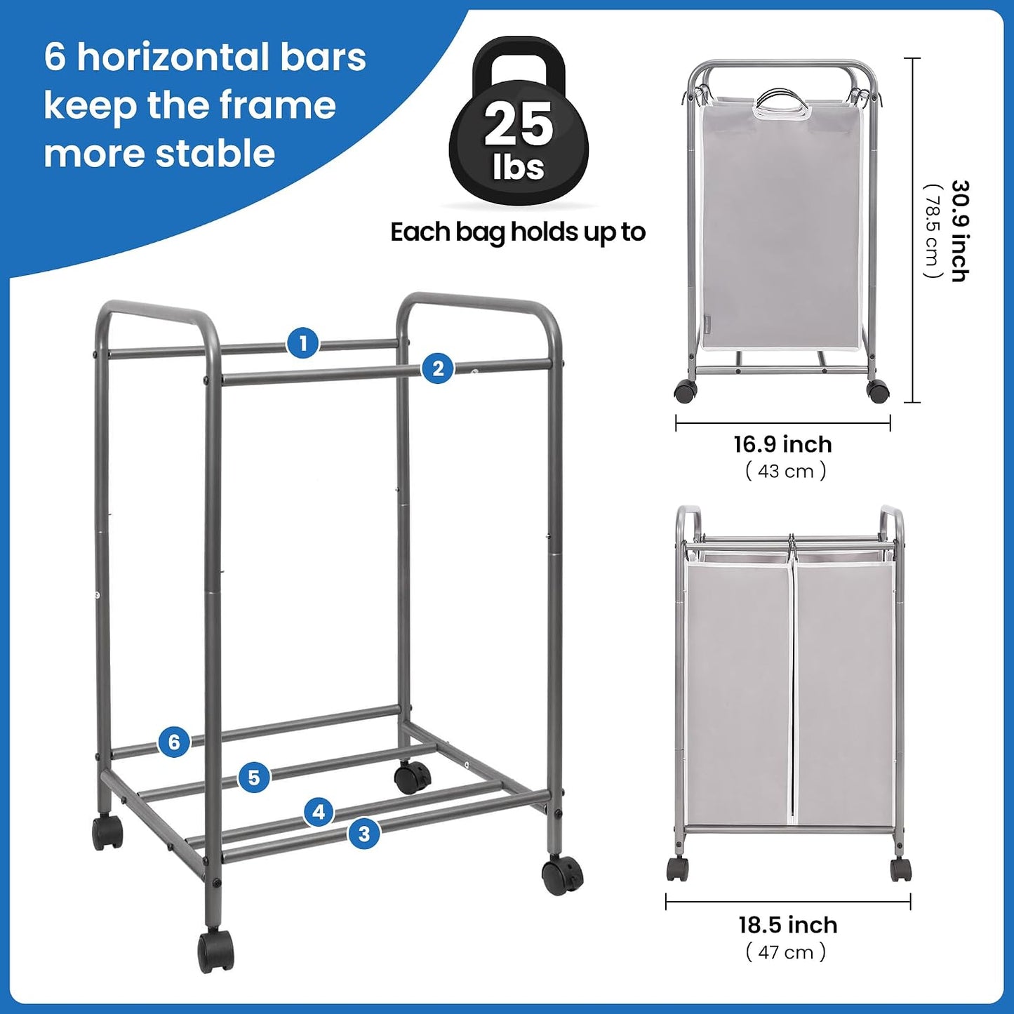 STORAGE MANIAC 3 Section Laundry Sorter, 35.6 Gal (135 L) Laundry Hamper Cart with Heavy Duty Rolling Lockable Wheels and Removable Bags, Clothes Organizer Basket Separator Hamper, Gray