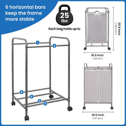 STORAGE MANIAC 3 Section Laundry Sorter, 35.6 Gal (135 L) Laundry Hamper Cart with Heavy Duty Rolling Lockable Wheels and Removable Bags, Clothes Organizer Basket Separator Hamper, Gray