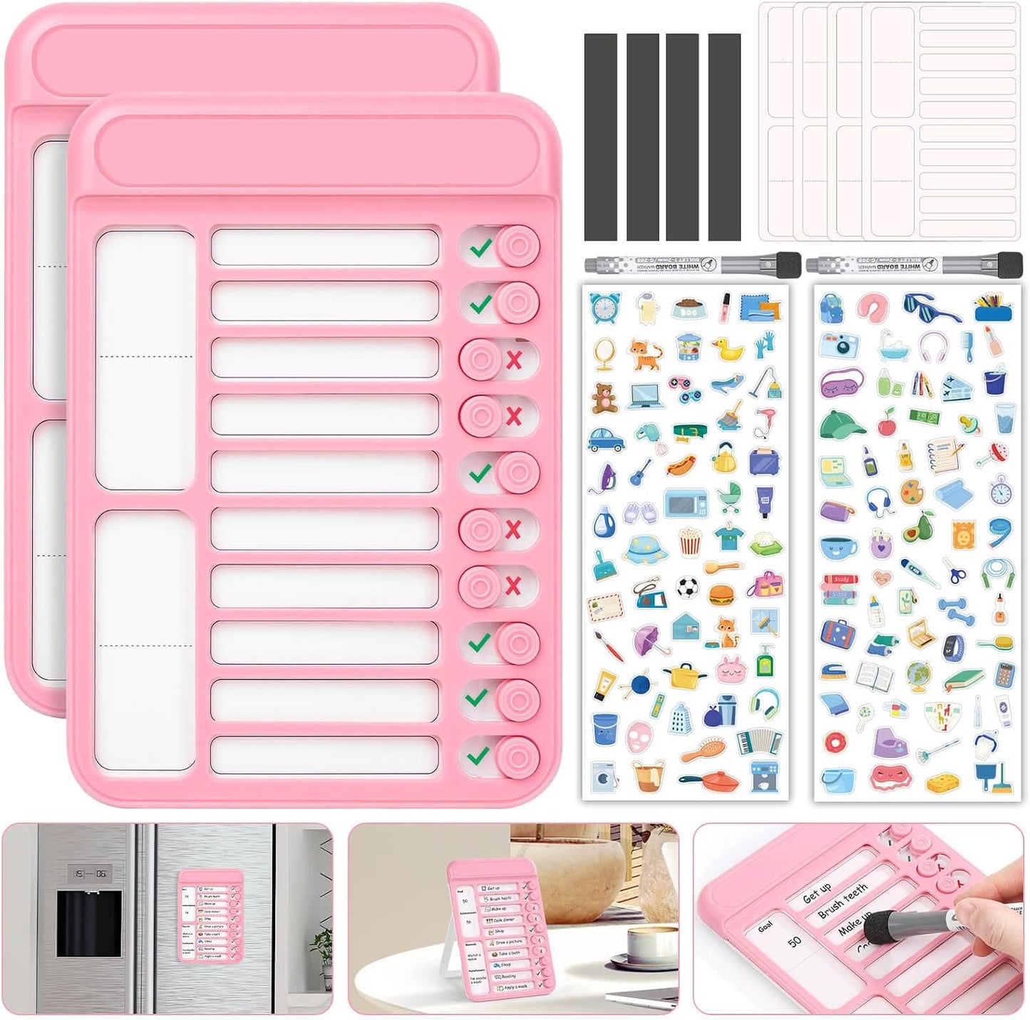 Audab 2Pcs Dry Erase Chore Chart for Kids, Magnetic Checklist Board, My Chores Slider Chart to Do List Board, Routine Chart Schedule Board Task Tracker for Home Refrigerator, Wall, Desk (Blue & Pink)