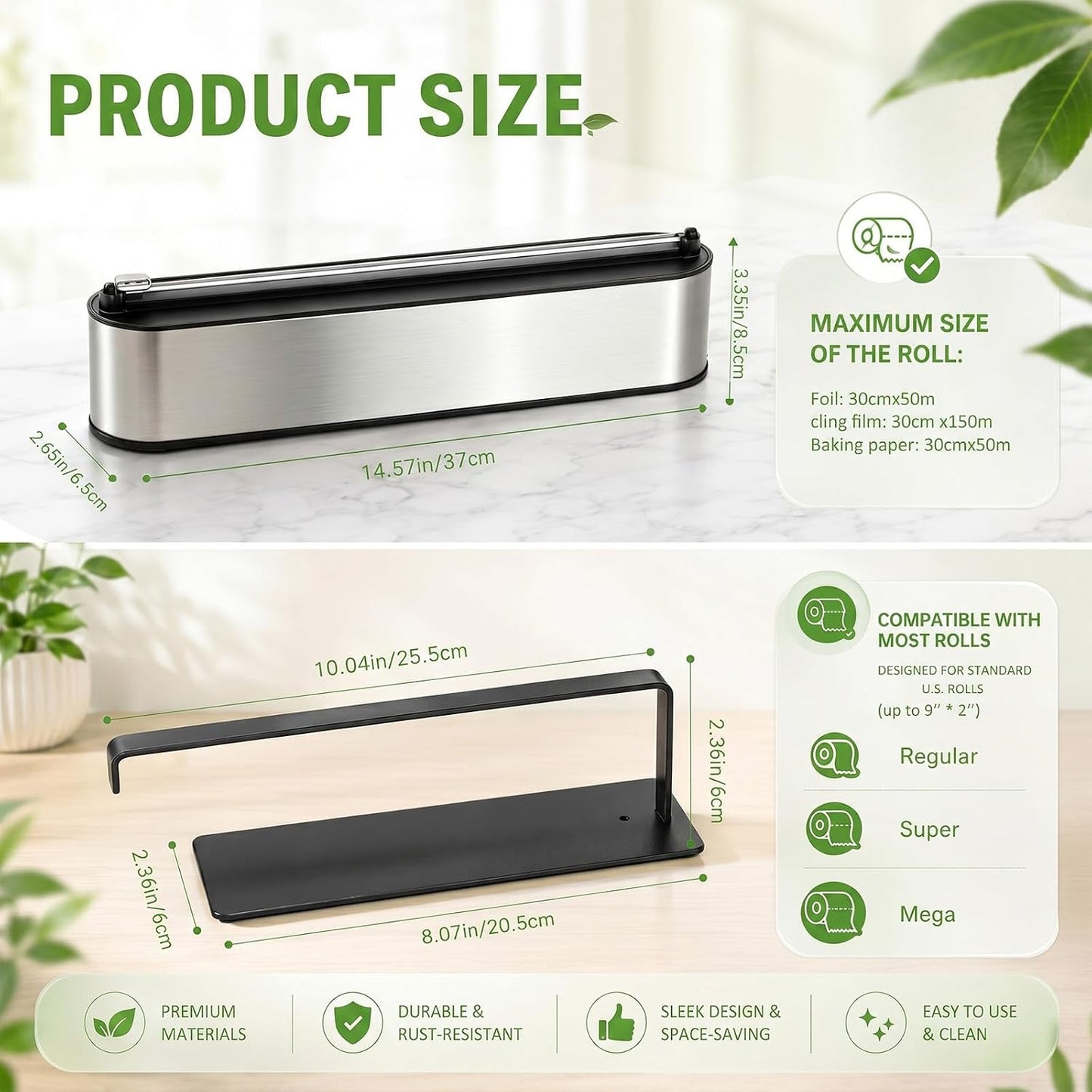 Lothee 2-piece Magnetic Foil & Plastic Wrap Dispenser with Cutter and Magnetic Paper Towel Holder Stainless Steel Kitchen Organizer Set Space Saving for Drawer Countertop Fit 12" Cling Film & 9" Paper
