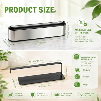 Lothee 2-piece Magnetic Foil & Plastic Wrap Dispenser with Cutter and Magnetic Paper Towel Holder Stainless Steel Kitchen Organizer Set Space Saving for Drawer Countertop Fit 12" Cling Film & 9" Paper