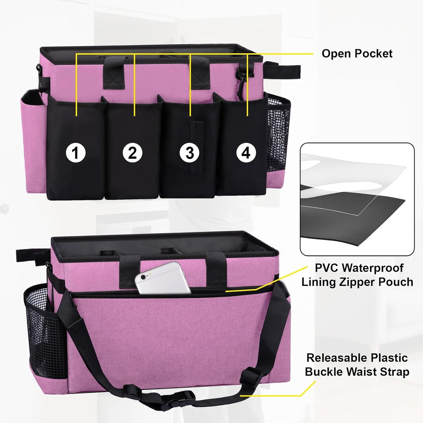 Wearable Large Cleaning Caddy Bag for Housekeepers (Black&Gray) | Cleaning Supplies Organizer with Adjustable Shoulder, Waist & Handle Straps, Detailing Bag for Kitchen Supplies