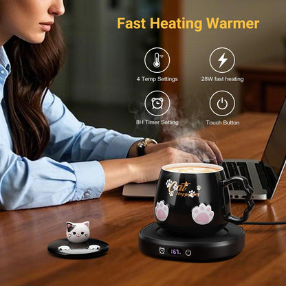 Bgbg Coffee Mug Warmer & Cute Cat Mug Set, Beverage Cup Warmer for Desk Home Office with Three Temperature Up to 140℉/ 60℃, Coffee Warmer for Cocoa Milk Tea Water Candle, 8 Hours Auto Shut Off