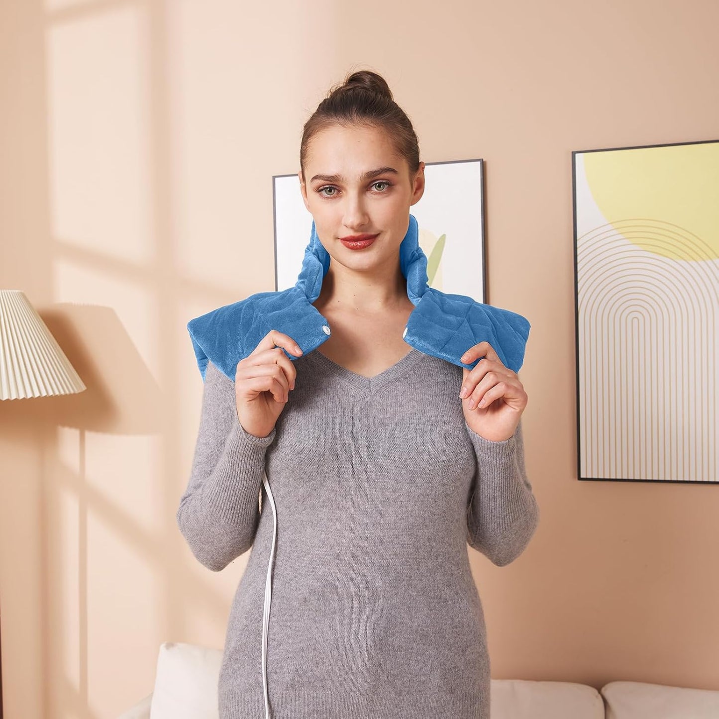Ambershine 19''x24'' Weighted Neck & Shoulder Heating Pad, 2.5lbs with 12 Temperature Settings& 4 Auto-Off Timers, Pain Relief for Neck/Shoulder/Back(Gray&Blue)