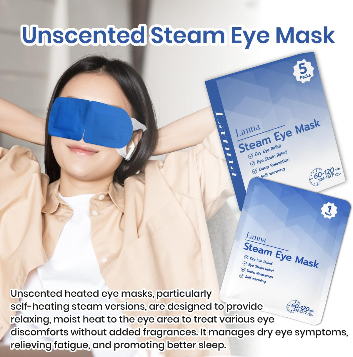 LANNA Heated Steam Eye Mask, Disposable 120 Minutes, Lavender Scent, 5 Pcs