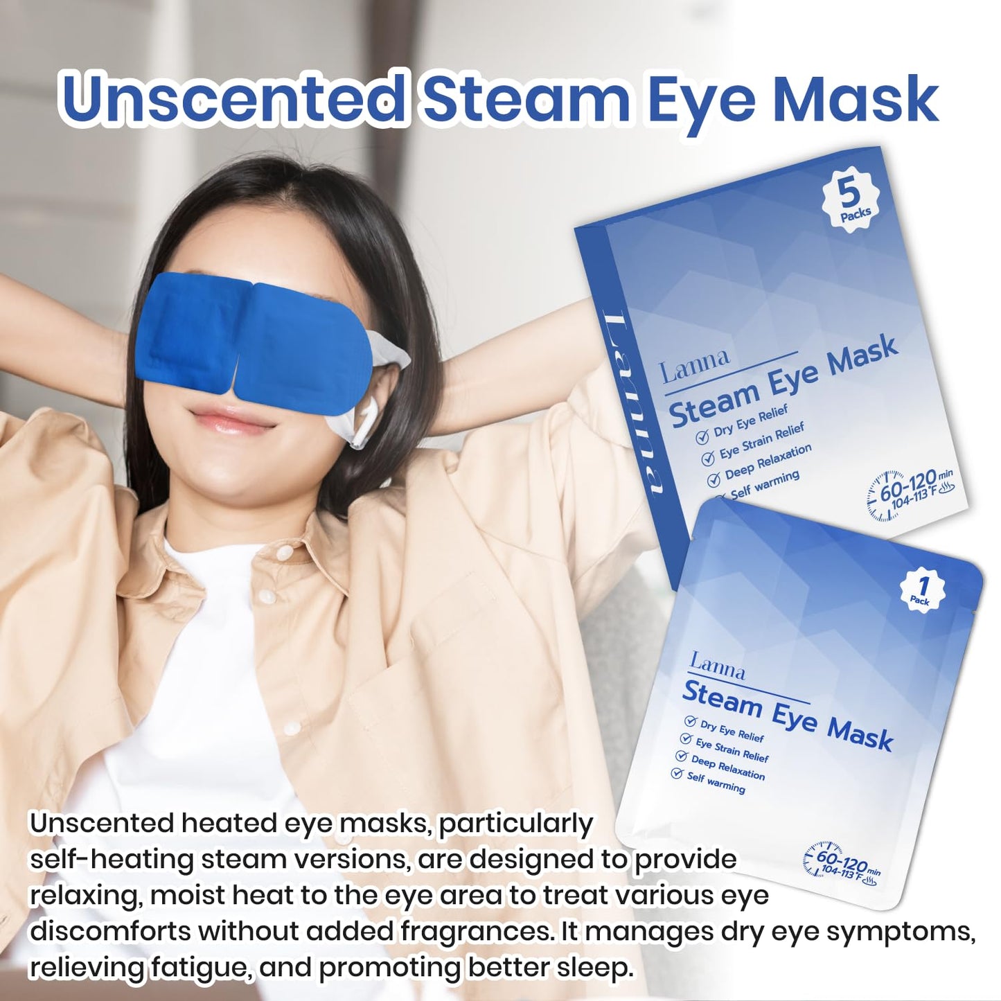 LANNA Heated Steam Eye Mask, Disposable 120 Minutes, Lavender Scent, 5 Pcs | Great for Sleep & Spa Relaxation, Self Heating Warm Compress for Dry & Puffy Eyes Long Lasting Heated Eye Mask for Stye Eyes