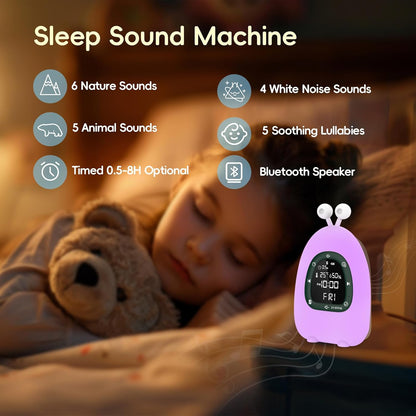 Sunrise Alarm Clock Wake Up Light, White Noise Sound Machine with 20 Soothing Sounds, 10 Night Lights, Wireless Speaker/Temp & Humidity/Rechargeable, Dimmable Clock Gift for Baby Kids Adults