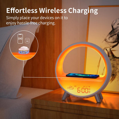 MOMILLA Smart Sunrise Alarm Clock with Wireless Charging Station, App Control Wake-Up Light & White Noise Sound Machine, Bluetooth Speaker, Compatible with Airpods/iPhone for Bedrooms & Heavy Sleepers | Bluetooth Speaker App Control,Wake-Up Light,White
