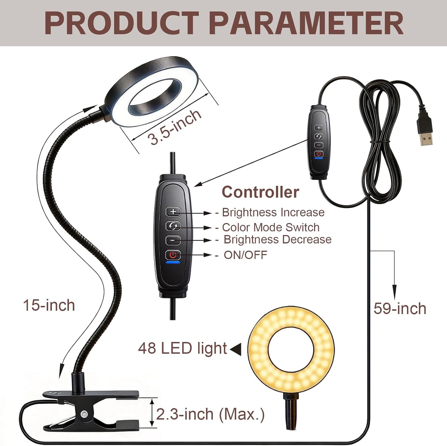 LED Desk Lamp with Clamp, Clip on Book Light for Reading | 48 LED,3 Colors & 10 Brightness, Aluminum 15" Gooseneck, Clamp Lamp, for Bed Headboard, Home Office, Dorm, Crafting