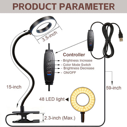 LED Desk Lamp with Clamp, Clip on Book Light for Reading | 48 LED,3 Colors & 10 Brightness, Aluminum 15" Gooseneck, Clamp Lamp, for Bed Headboard, Home Office, Dorm, Crafting
