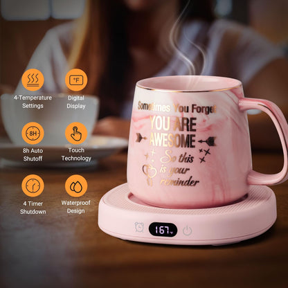 Coffee Mug Warmer & You are Awesome Mug Set, Electric Cup Warmer for Desk | Beverage Warmer Plate for Coffee, Tea, 4 Temperature Setting, 8-Hours Auto Shut Off, 14oz Mug with Spoon & Lid Included