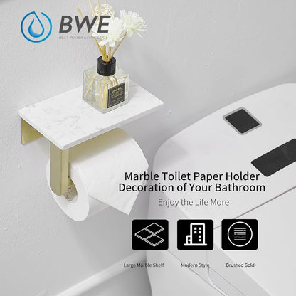 BWE Brushed Gold Toilet Paper Holder with Marble Shelf Wall Mounted | Toilet Paper Roll Holder with Phone Shelf 304 Stainless Steel Tissue Holder for Bathroom Washroom,Saving Space