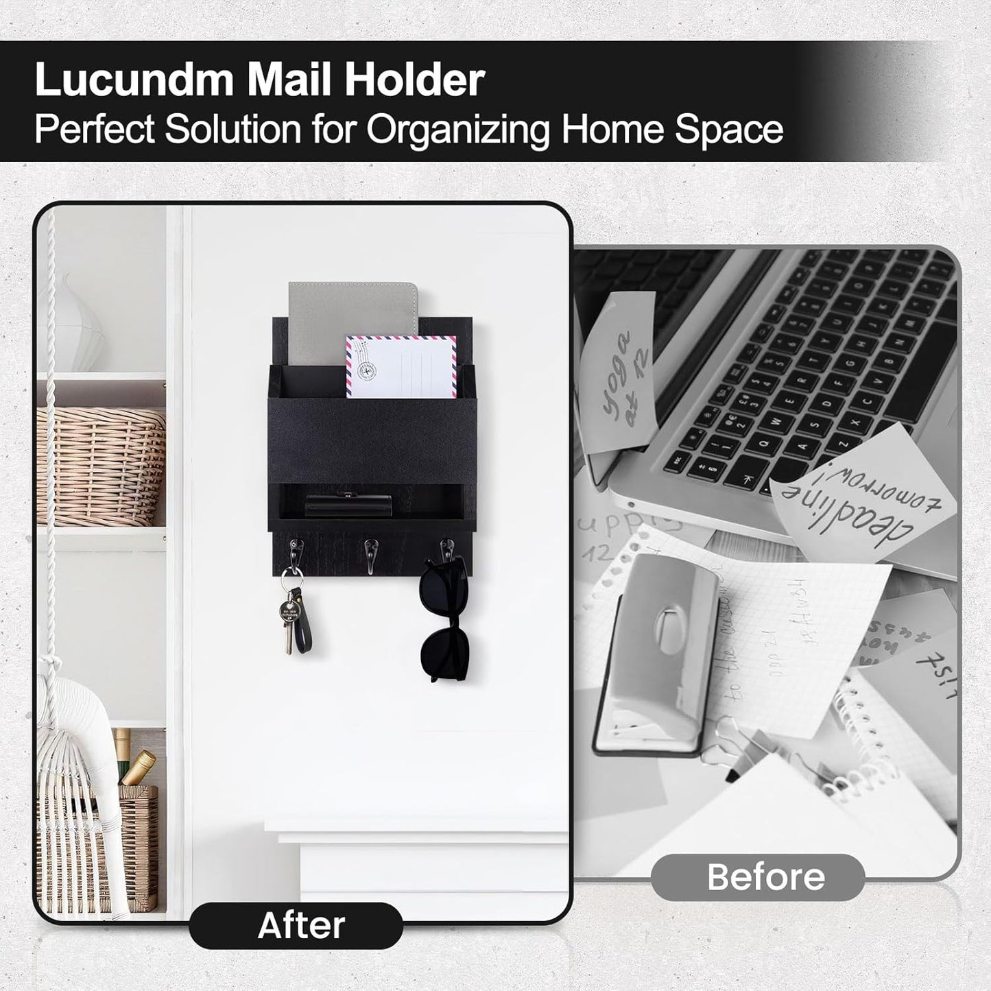 Key and Mail Holder for Wall with Chalkboard and Long Storage Box | Key Holder, Key Hanger with 3 Sturdy Hooks for Coat, Dog Leash, Entryway Mail Organizer