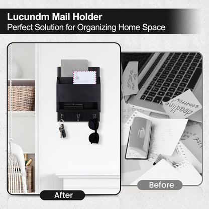 Key and Mail Holder for Wall with Chalkboard and Long Storage Box | Key Holder, Key Hanger with 3 Sturdy Hooks for Coat, Dog Leash, Entryway Mail Organizer