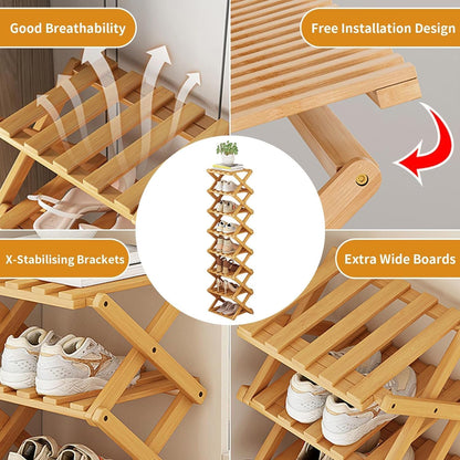 YYW Bamboo Shoe Rack for Entryway, Foldable Free Standing for Closet | Installation-Free Vertical Shoe Racks, Shoe Shelf for Living Room Bedroom, Easy To Assemble, Tawny 5 Layers