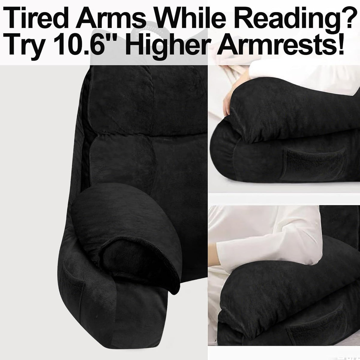 Reading Pillow for Bed with Arms, Back Support, Memory Foam（Grey Black）