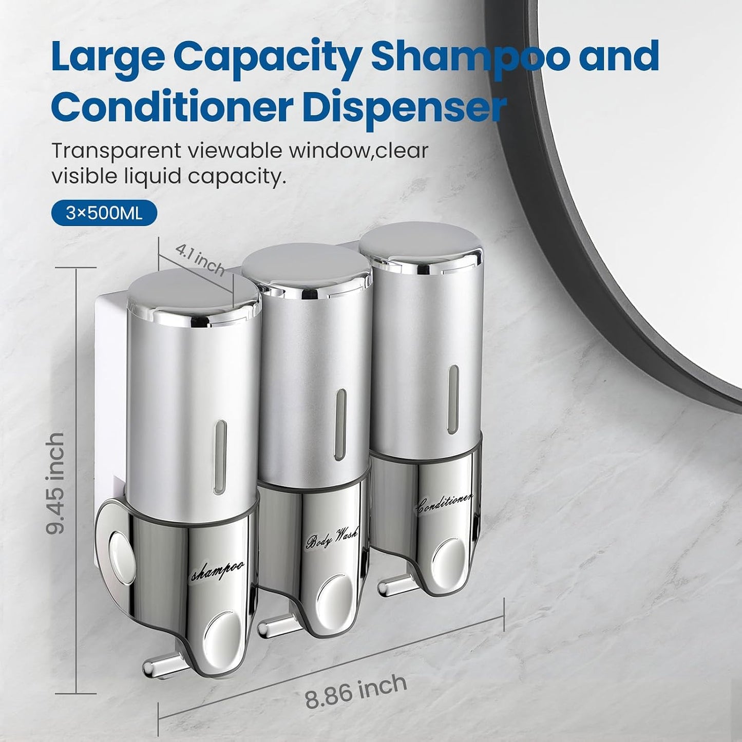 EXIN DECHEN Shampoo and Conditioner Dispenser(Triple x 16.9 oz,Clear) | Easy Installation,Wall-Mounted,Bottle Separable,Large Capacity,Shower Shampoo Conditioner Body Wash Dispenser for Bathroom