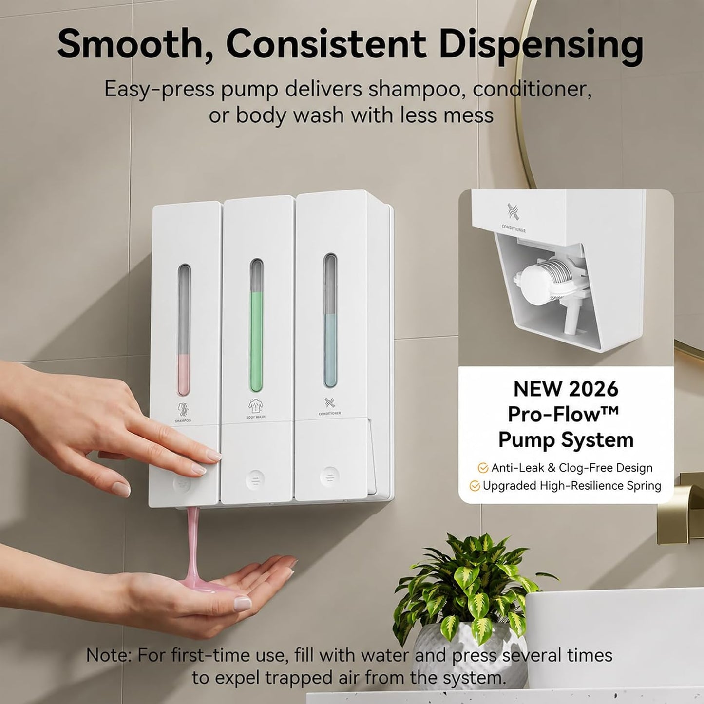 Shampoo and Conditioner Dispenser - Wall-Mounted 3-Chamber Shower Soap Dispenser, No-Drill, 1200ML Capacity, for Bathroom & Hotel