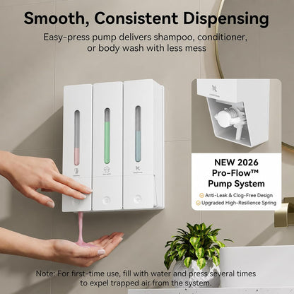 Shampoo and Conditioner Dispenser - Wall-Mounted 3-Chamber Shower Soap Dispenser, No-Drill, 1200ML Capacity, for Bathroom & Hotel