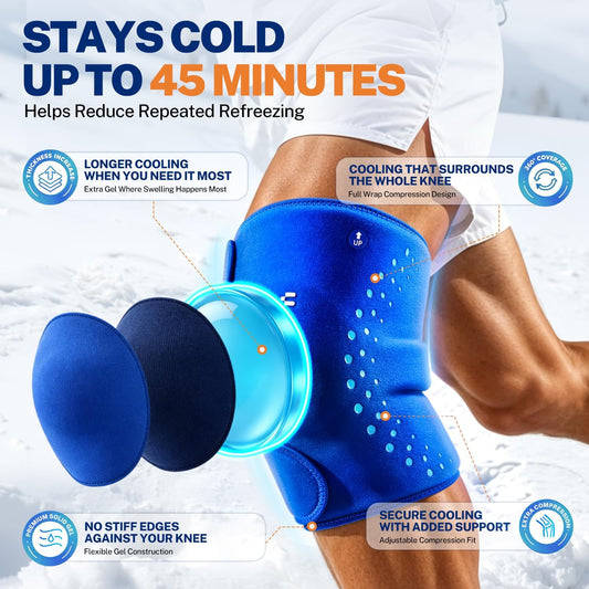 Knee Ice Pack Wrap, Long-Lasting Cold Compression for Knee Pain Relief | Thickened Gel, Stays Cold Longer, Soft After Freezing, Adjustable Fit, No Slip, Full Wrap cooling, Reusable Cold Hot Therapy