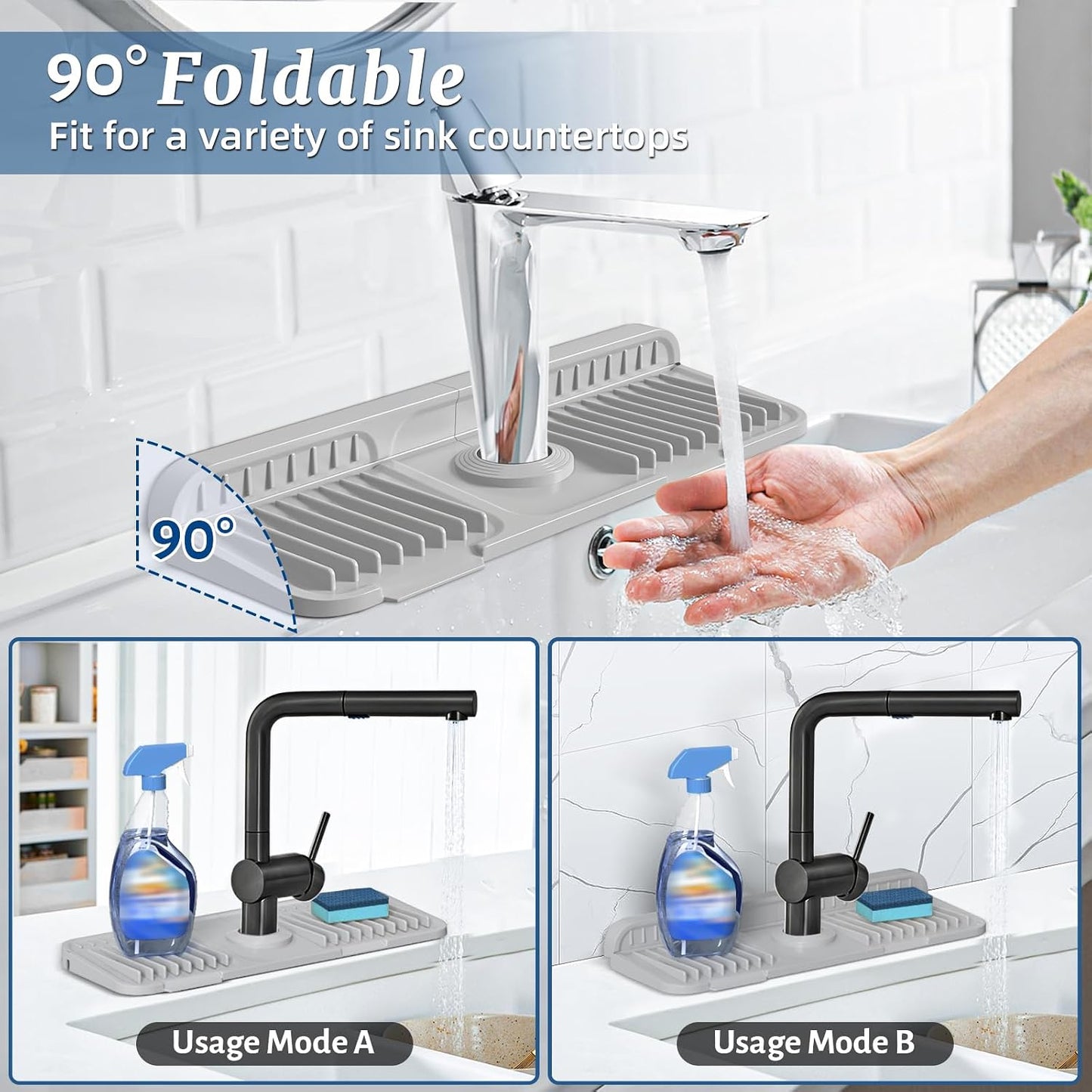 PoYang 24 Inch Faucet Mat for Kitchen Sink Splash Guard, Silicone, Black | Sink Protectors with 7° Slope for Smooth Drainage, Snap Button Holds It in Place, 90° Foldable & Cuttable Hole Fit Most Sinks