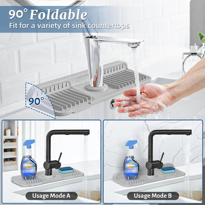 PoYang 24 Inch Faucet Mat for Kitchen Sink Splash Guard, Silicone, Black | Sink Protectors with 7° Slope for Smooth Drainage, Snap Button Holds It in Place, 90° Foldable & Cuttable Hole Fit Most Sinks