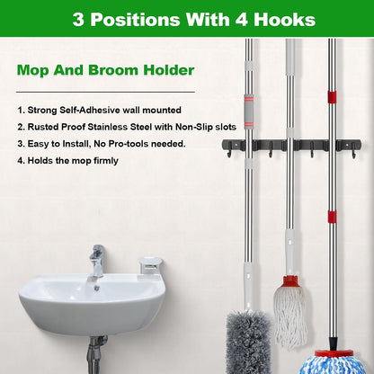 voze 5 Racks and 4 Hooks Mop and Broom Holder Wall Mount, Self Adhesive Heavy Duty Broom Hanger Organizer Storage Tool Racks for Kitchen Garden Laundry Garage