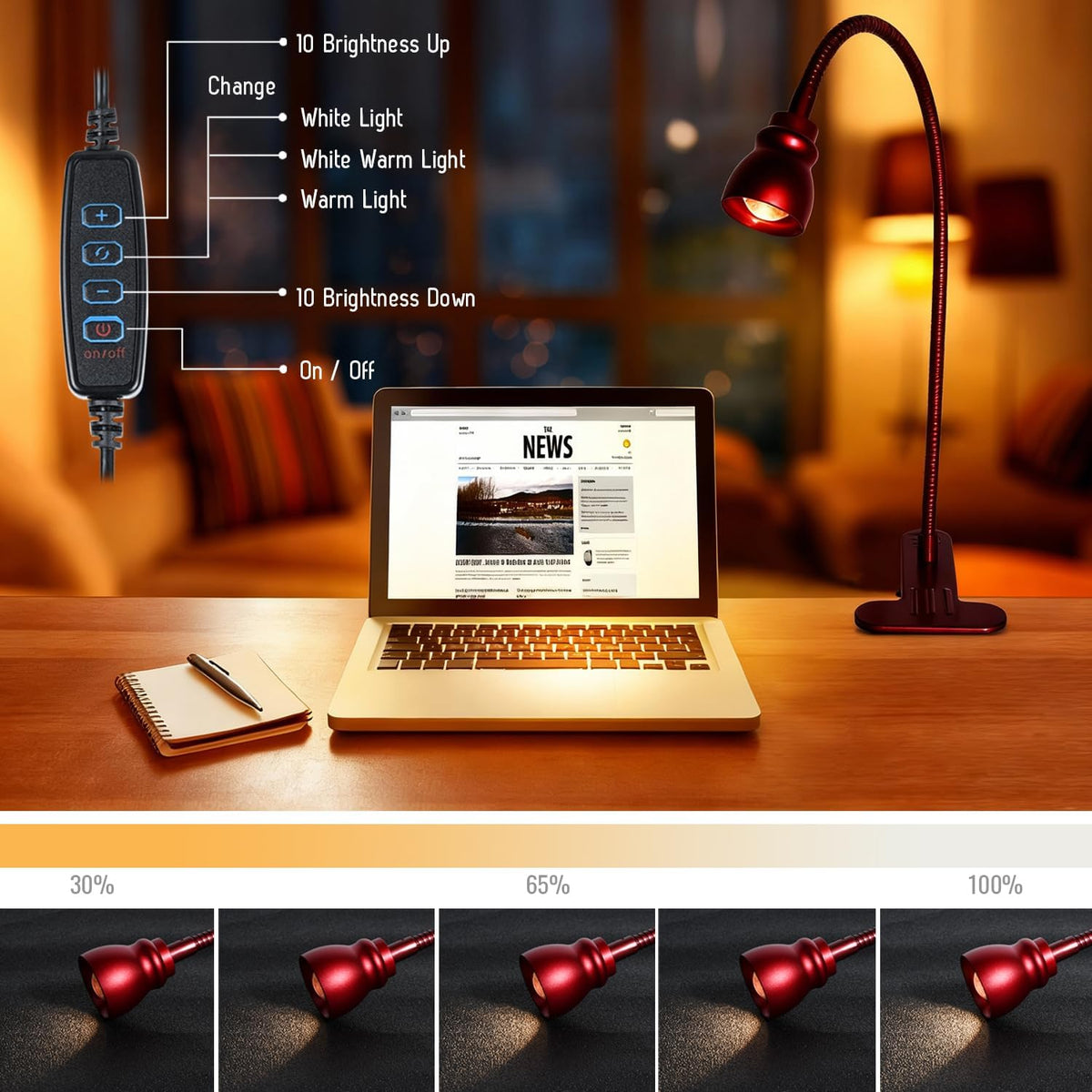 Zoomable Clip on Light, Clamp Reading Light for Dorm Bed Headboard, Dimmable Spotlight with 3 Color Temperature Options, 10 Dimmable Brightness Levels, Adjustable Beam Angle