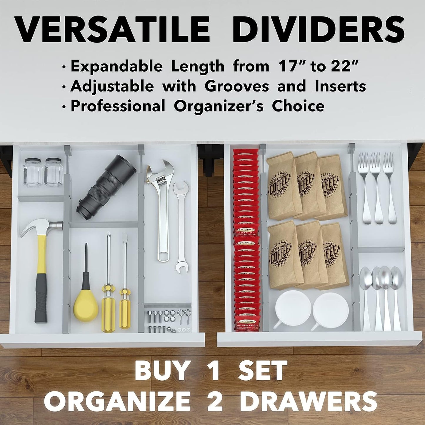 SpaceAid Bamboo Drawer Dividers with Inserts and Labels, Kitchen Adjustable Drawer Organizers, Expandable Organization for Home, Office, Dressers, 4 Dividers with 9 Inserts (17"-22" Natural)
