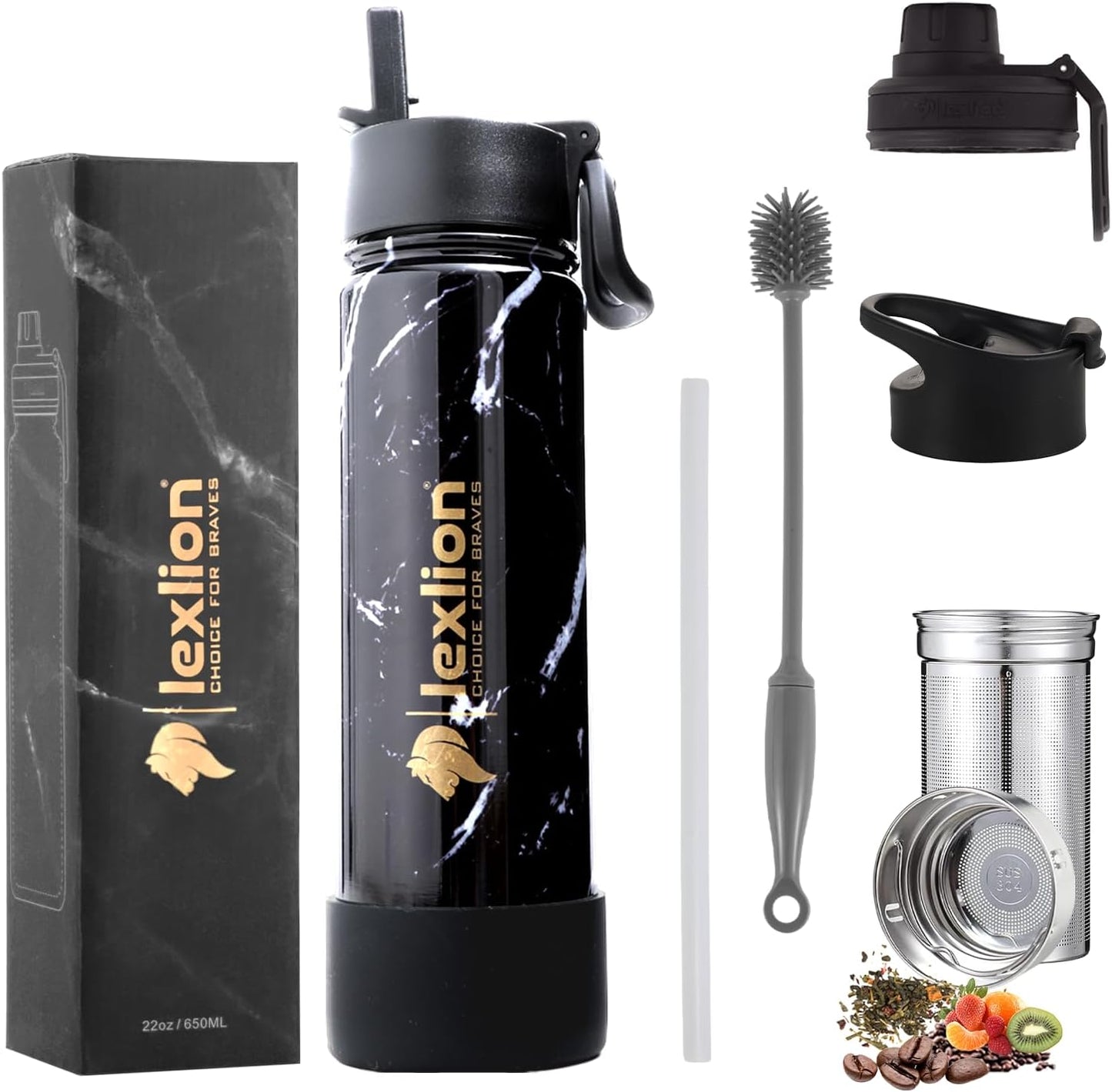 Lexlion Tea Infuser Water Bottle 22 Oz – Triple Wall Insulated Stainless Steel, Loose Leaf & Fruit Strainer, 3 Leakproof Lids, BPA-Free Silicone Sleeve, Reusable Thermal Mug