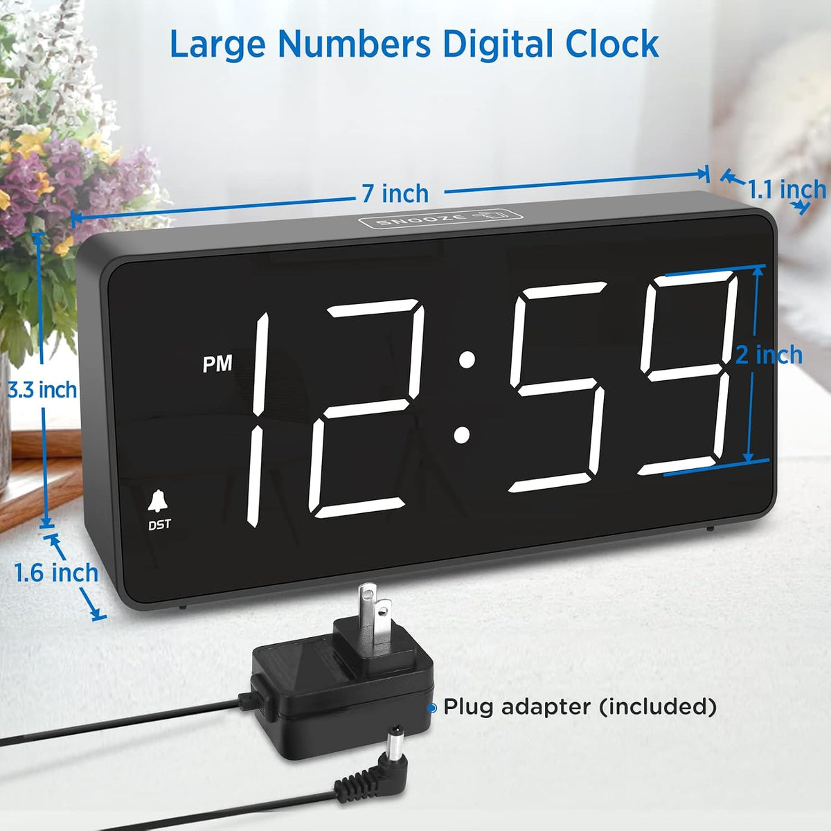 Peakeep Digital Alarm Clock for Bedroom Bedside, Large Display, USB Charger