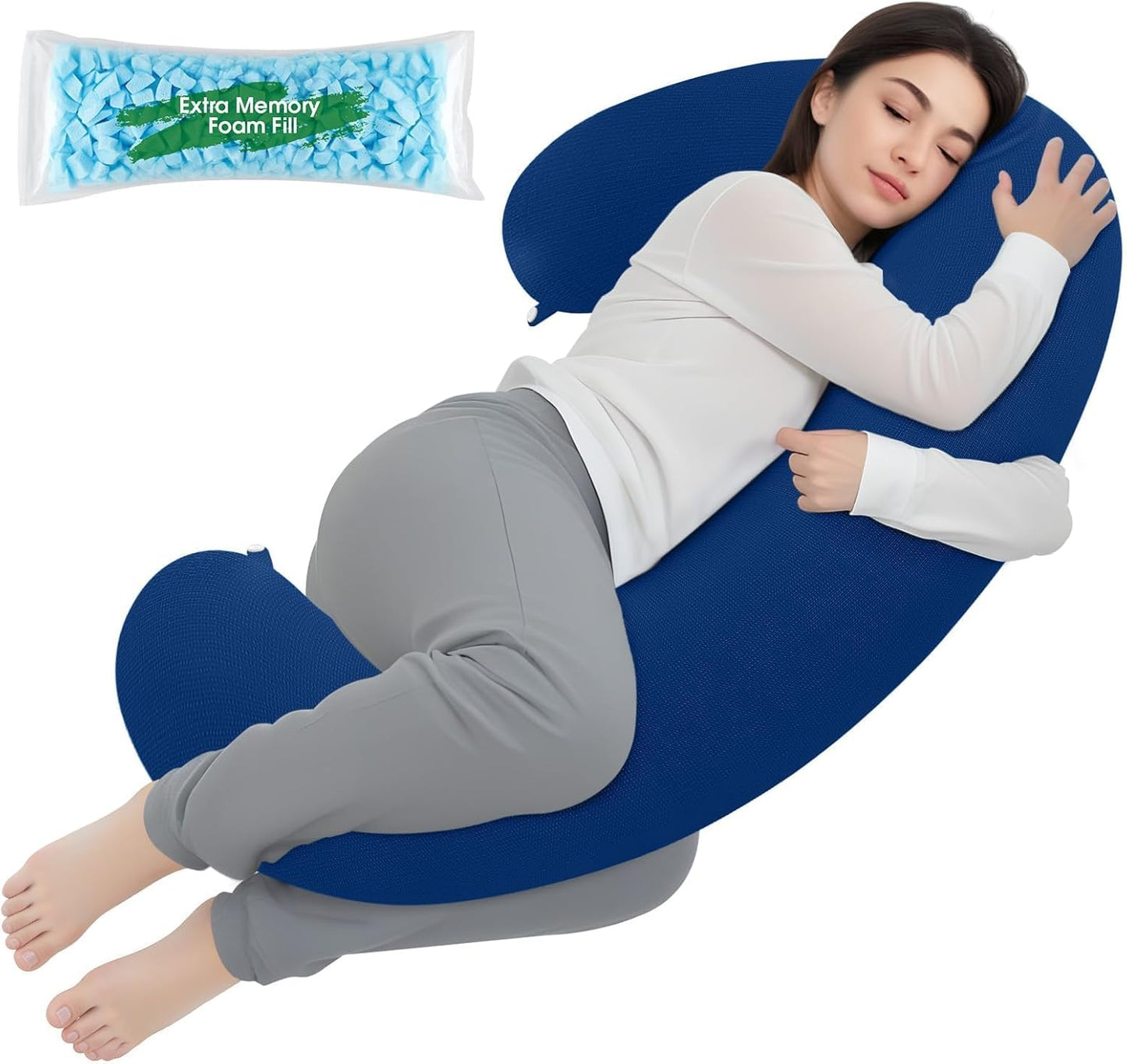 TranquilRelax C Shaped Body Pillow for Side Sleepers, Memory Foam Long Pillow for Leg, Hip & Back Support, Soft Washable Cover,Grey-47"*10"