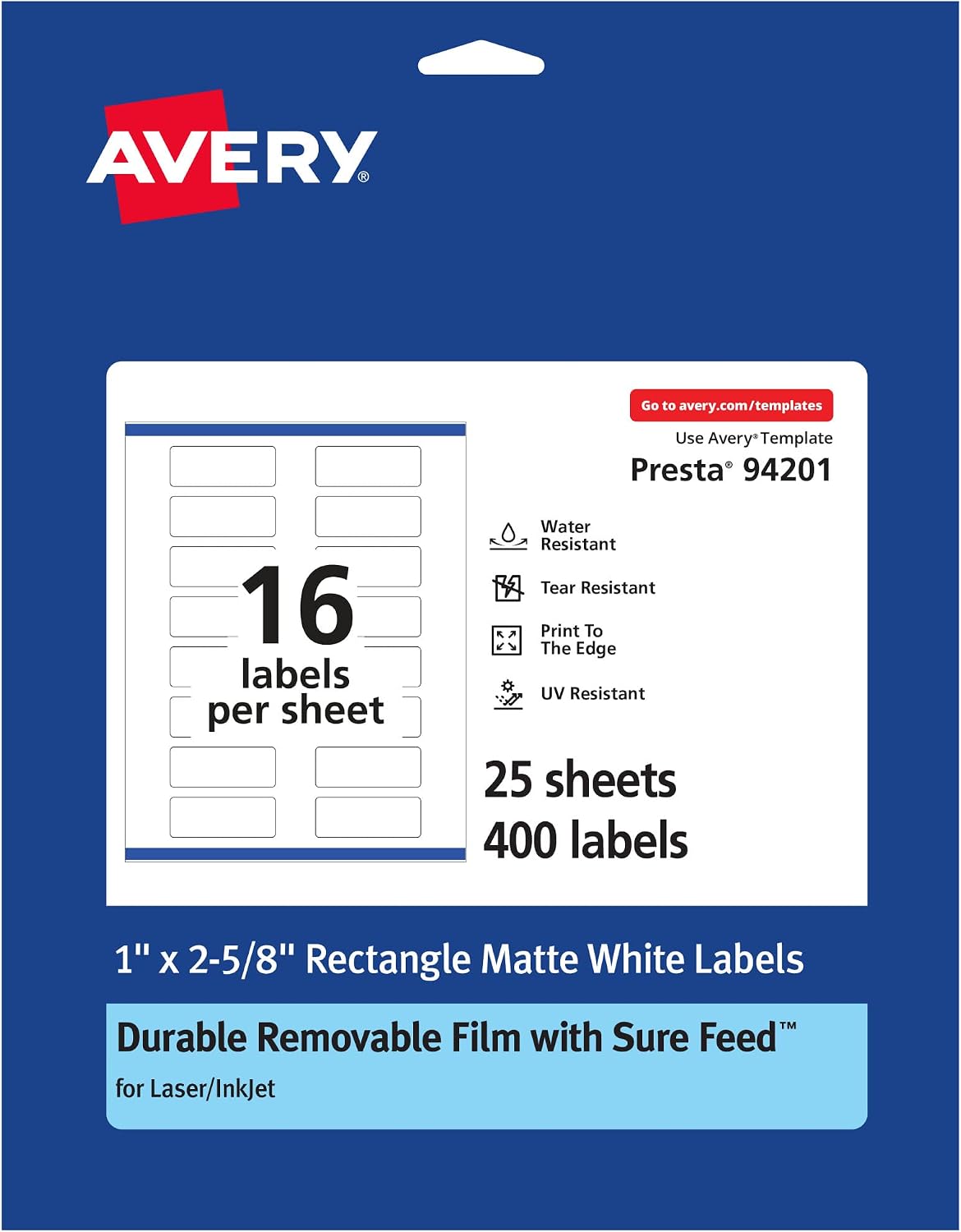 Avery® Durable Removable Rectangle Labels, Sure Feed® Technology, 1" x 2-5/8", Matte White Film, Water-Resistant, Print-to-The-Edge, Laser/Pigment-Based Inkjet Printable, 128 Total