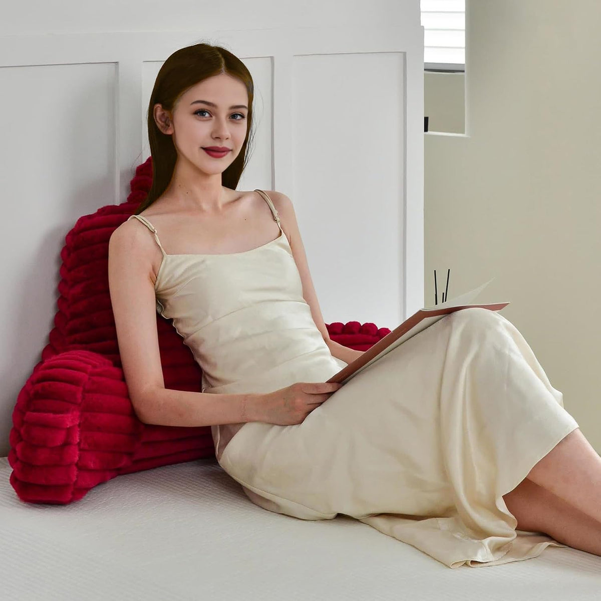 Large Reading Pillow for Adults, Back Support Pillow for Sitting Up in Bed with Arms, Couch for Lounging Bedrest, Pink