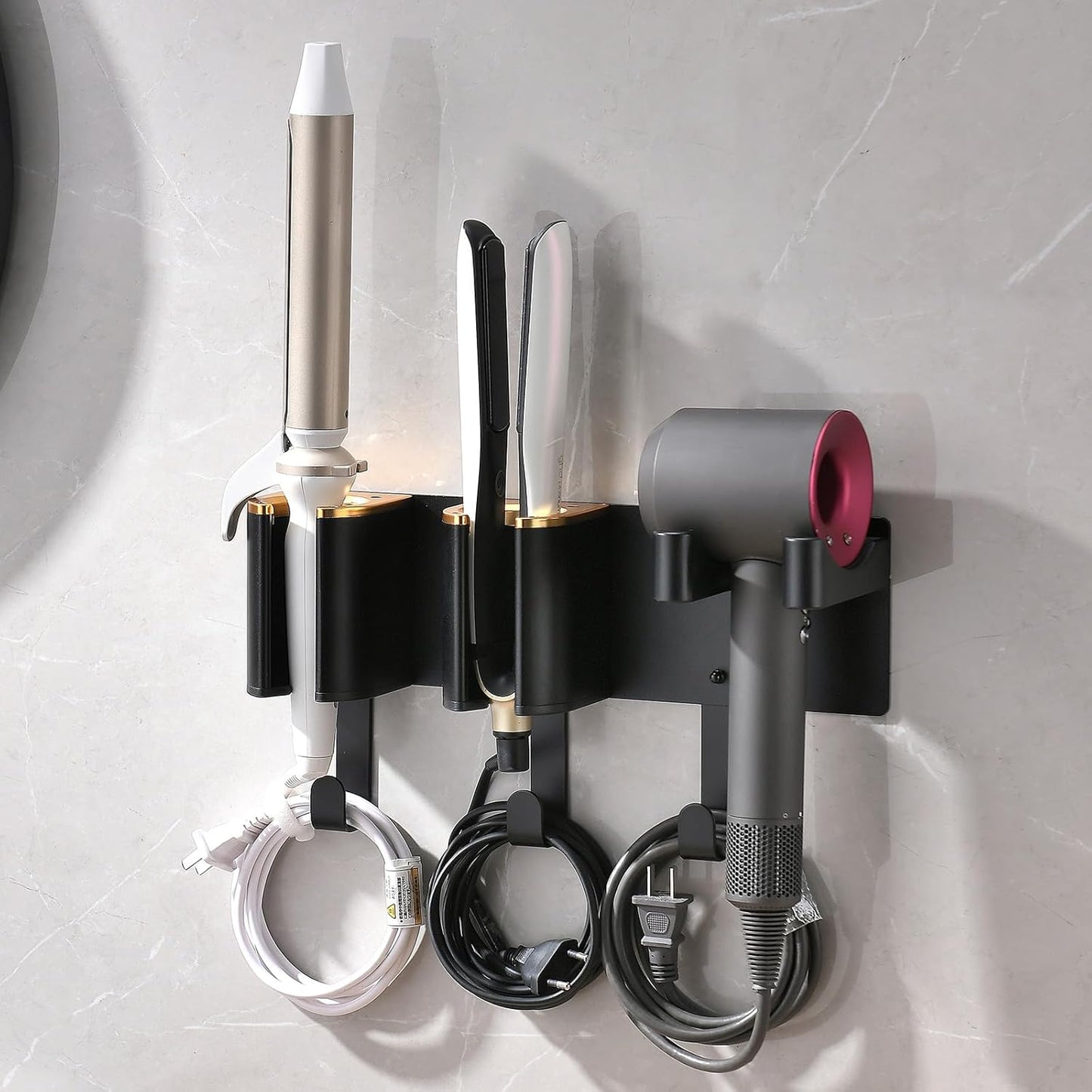 Hair Tool Organizer Wall Mount, Hair Dryer & Curling Iron Storage | 3-Compartment Blow Dryer and Straightener Holder, Screw Mounting, Aluminum Alloy & ABS, White (Hair Tools Not Included)