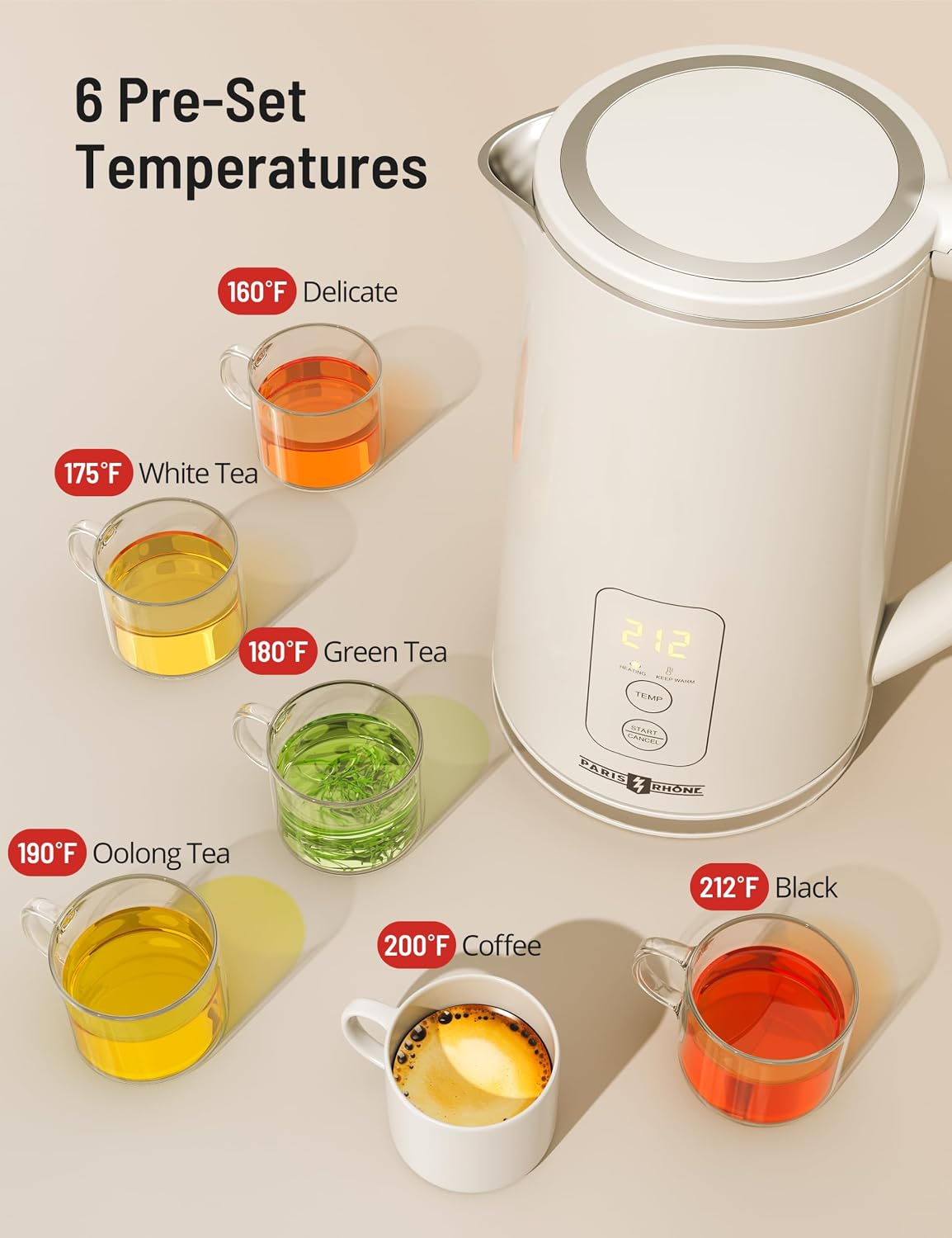 Electric Kettle Temperature Control, 1.7L Large Electric Tea Kettle, 4H Keep Warm Hot Water Boiler with 6 Presets, LED Screen Electric Kettles for Boiling Water, Boil-Dry Protection