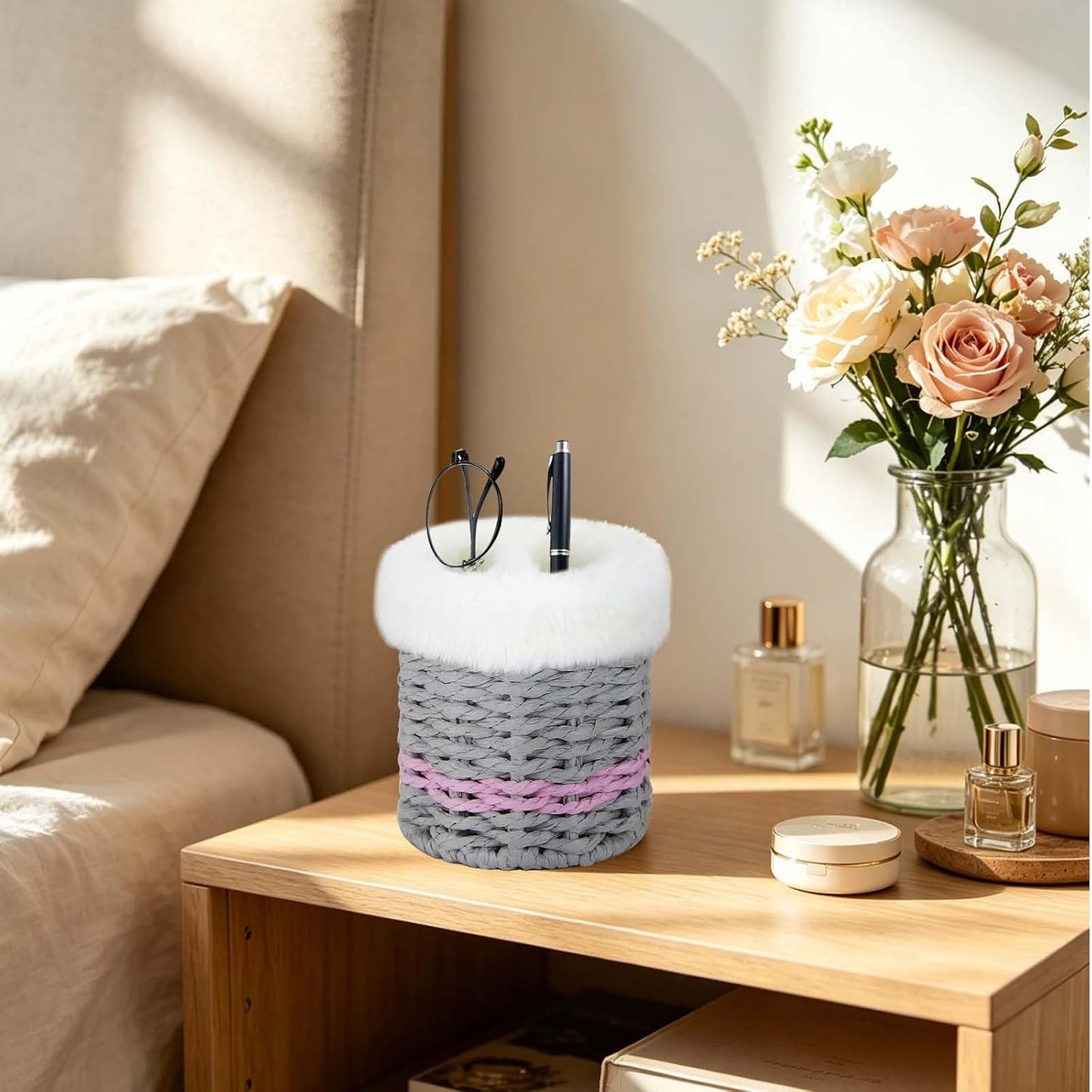 Paper Rope Plush Lined Eyelasses Holder Stand for Nightstand Desk