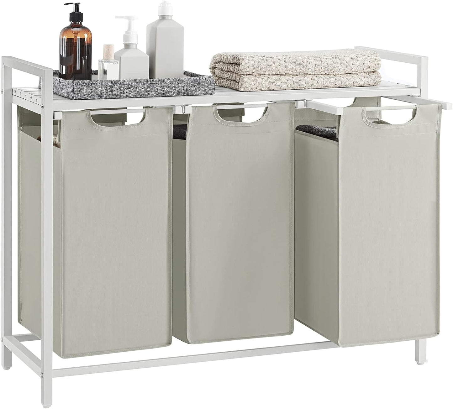 VASAGLE Laundry Hamper, Laundry Basket Sorter with 3 Pull-Out and Removable Bags, Shelf, Metal Frame, 3 x 10.6 Gallons (40 L), 36.4 x 13 x 28.4 Inches, Cappuccino Beige and Natural Beige UBLH301LH01